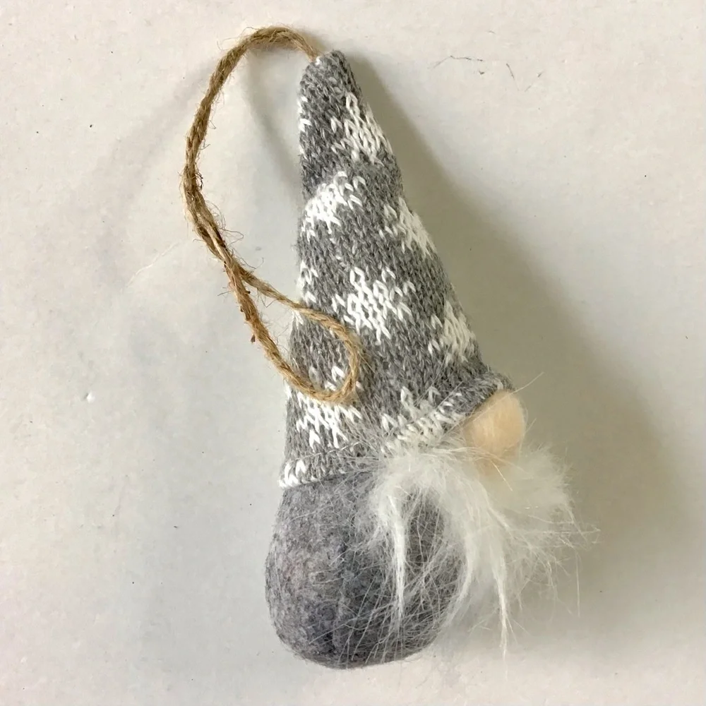 Gnome Ornament Gray White Knit Felted Wool Scandinavian Nordic Christmas 5.5”